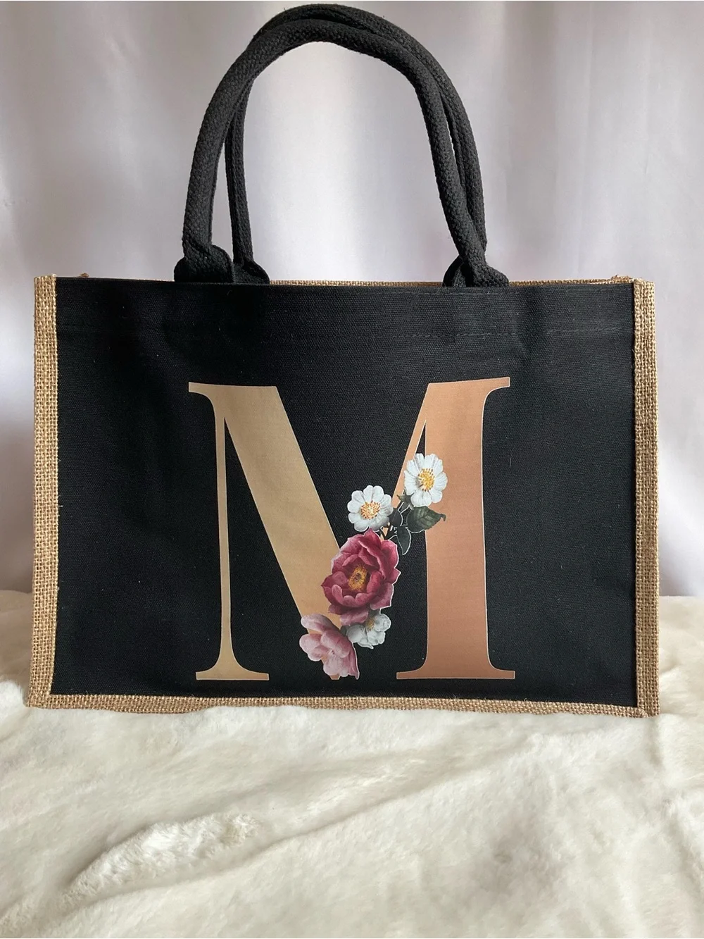 Monogram M Floral textile &  Tote Bag – Black & Natural – Large Carryall